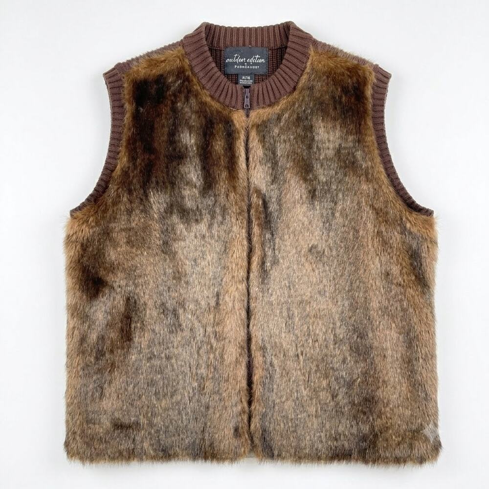 Outdoor Edition Parkhurst Faux Fur Ribbed Vest Jacket Brown Zip VTG Womens XL